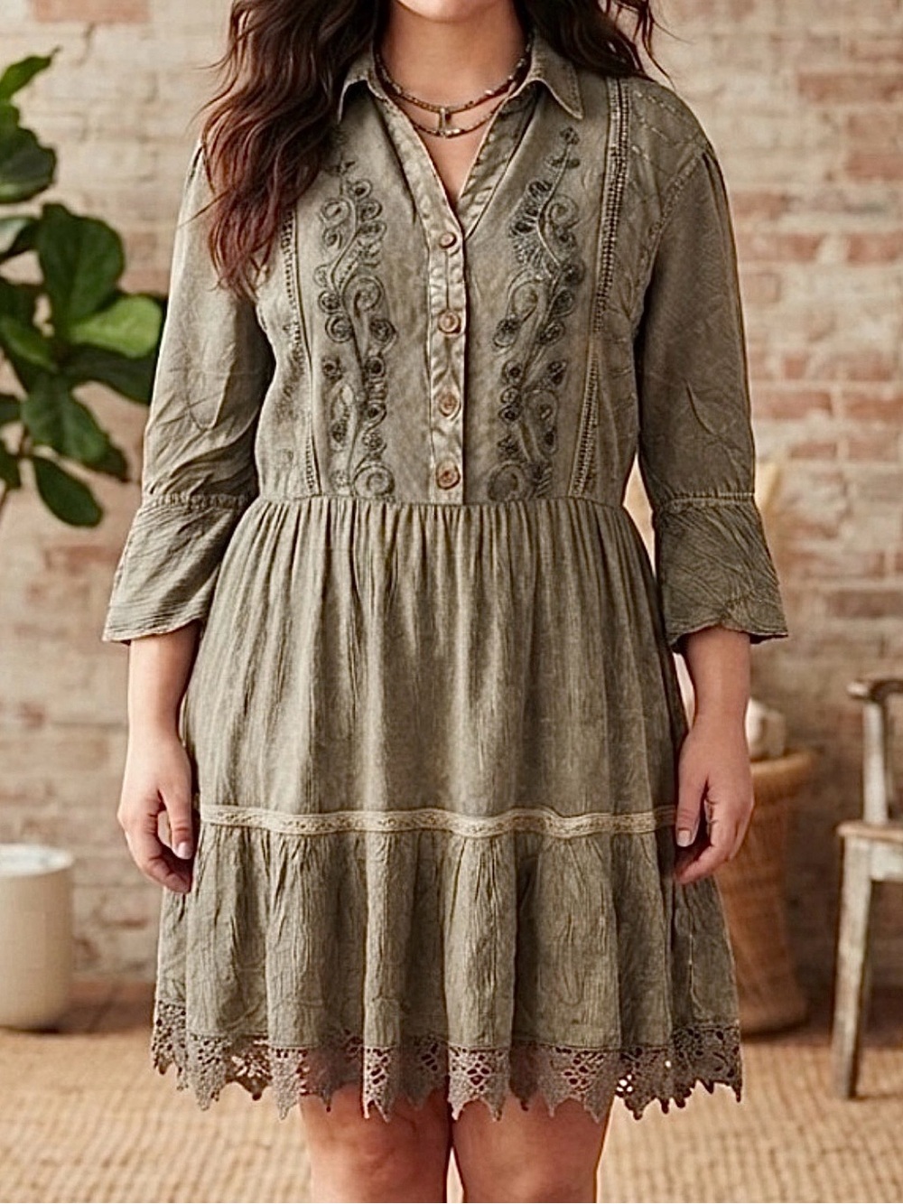 Young Threads Embroidered Olive Green Tunic Dress - Picture 4 of 9